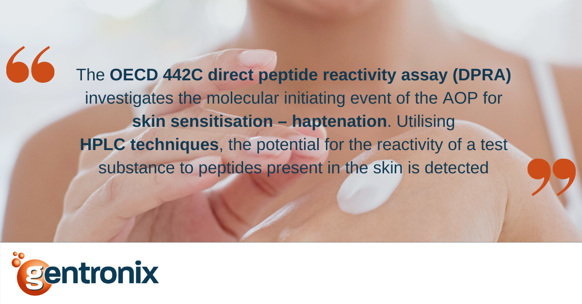 banner containing wording "The OECD 442 direct peptide reactivity assay (DPRA) invetigates the molecular initiating event of the AOP for skin sensitisation - hapetenation. Utilising HPLC techniques, the potential for the reactivity of a test substance to peptide present in the skin is detected."