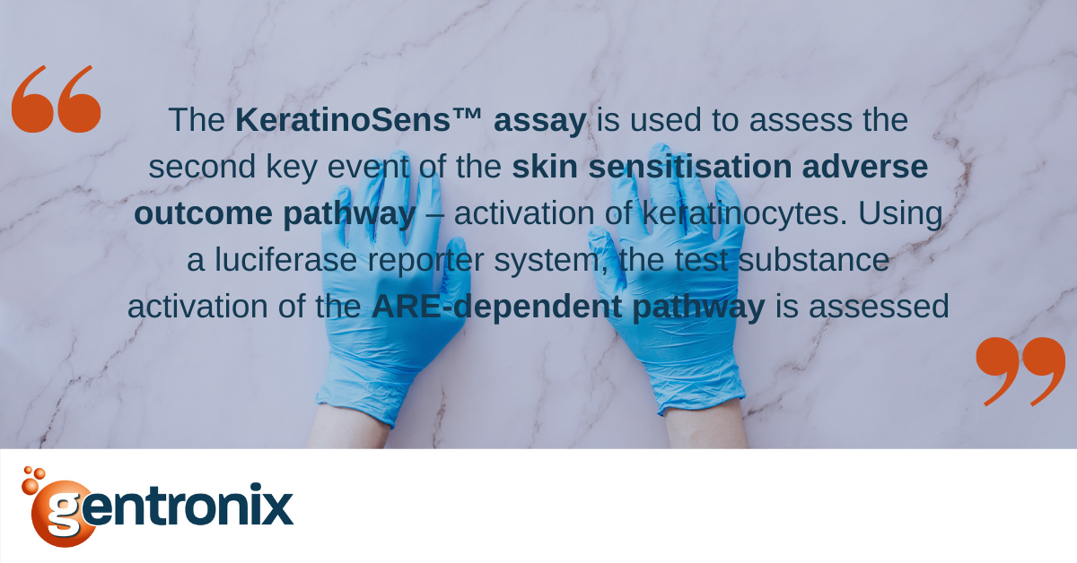 banner containing wording "The KeratinoSens assay is used to assess the second key event of the skin sensitisation adverse outcome pathway - activation of keratinocytes. Using a luciferase reporter system, the test substance activation of the ARE-dependent pathway is assessed."