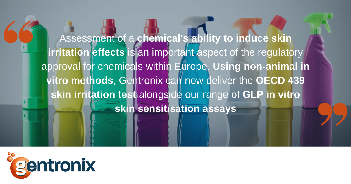 banner with wording " Assessment of a chemical’s ability to induce skin irritation effects is an important aspect of the regulatory approval for chemicals within Europe. Using non-animal in vitro methods, Gentronix can now deliver the OECD 439 skin irritation test alongside our range of GLP in vitro skin sensitisation assays "