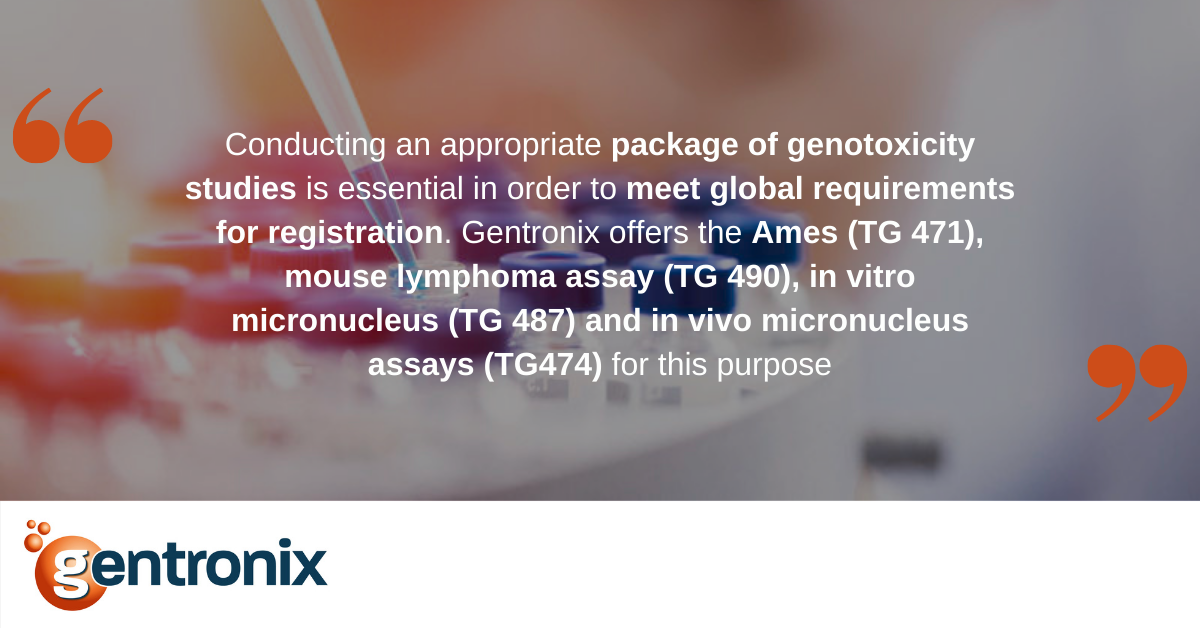 Slider containing the wording "Condusting an appropriate package of genotoxitity stidues is essential in order to meet global requirements for registration. Gentronix offers the Ames (TG471), mouse lymphoma assay (TG 490), in vitro micronucleus (TG 487) and in vivo micronucleus assays ( TG 447) for this purpose."